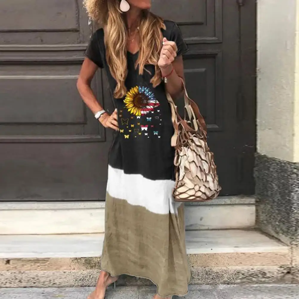 

Black Long Dress Women V Neck Print Vintage Short Sleeve Elegant Dress Casual Plus Size Girls Dresses 2021 Summer 2XL Vestidos