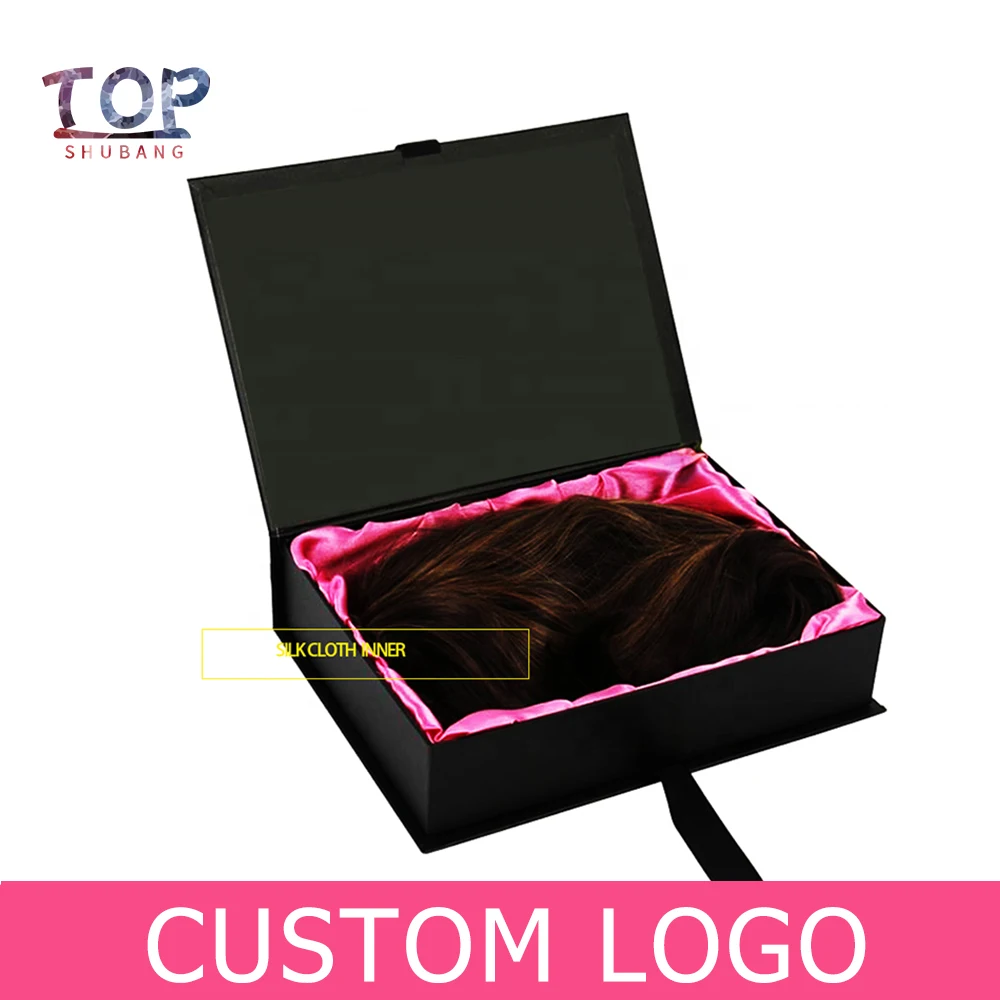 Custom Logo Luxury Wigs Box with Satin Human Hair Makeup Scarf Magnetic Flip Cardboard Beauty Box Packaging with Ribbon and Silk