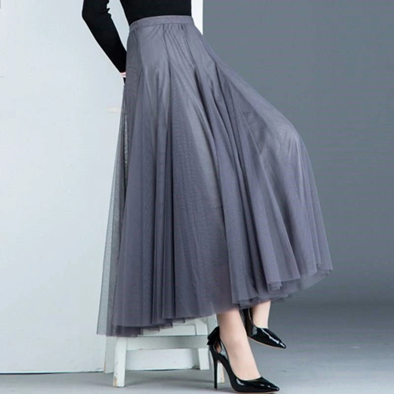 Tulle Skirts Womens Midi Pleated Skirt Black Pink Elastic High Waist Korean 2019 New Spring Summer Vintage Mesh Tutu | Женская одежда