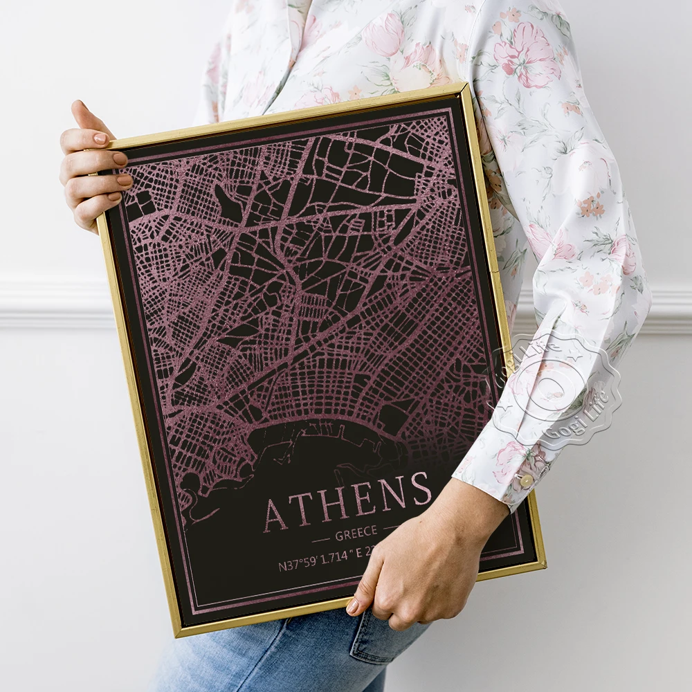 

World Tourist City Map Prints Poster, Athens Greece Dark Background Map Personalized Canvas Painting, Science Fiction Wall Art
