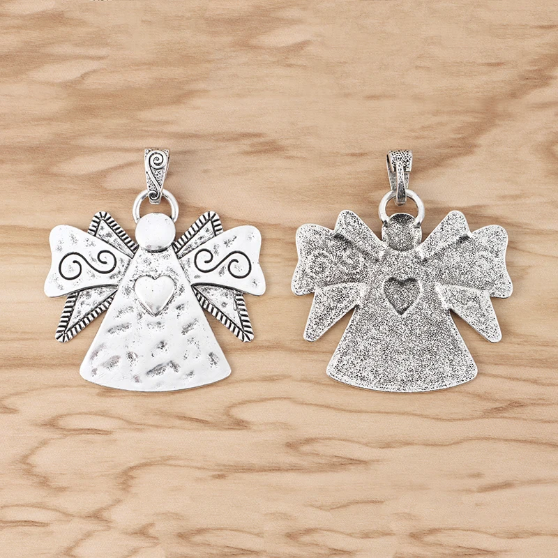 

2 Pieces Large Guardian Angel Charms Hammered Silver Plated Pendants for Necklace Jewellery Making Findings 71x62mm