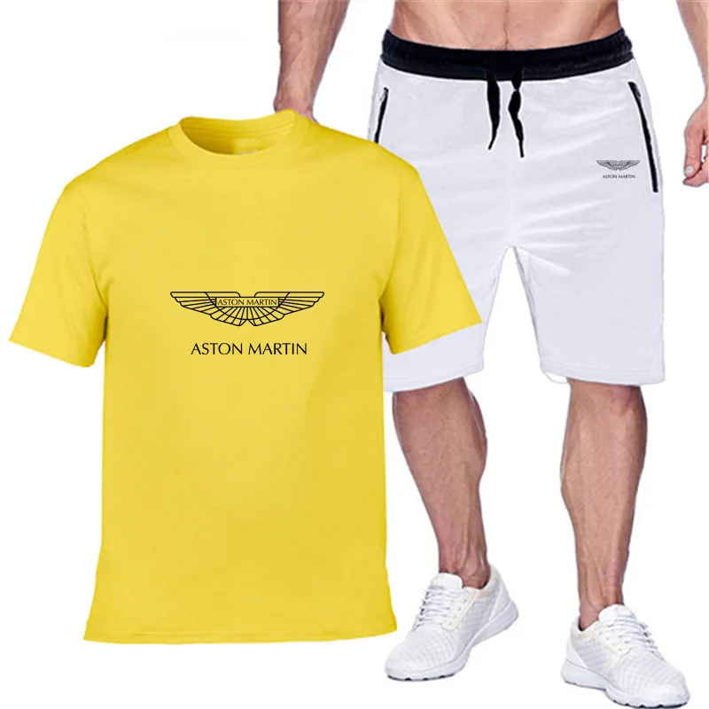 

New Summer Mens Aston Martin Car Logo Tracksuit Cotton Short-Sleeved T-Shirt+Shorts Casual Sportswear Fitnessclothes Male Suit