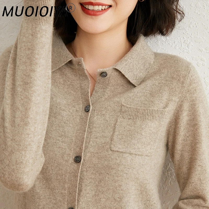 

Женский трикотажный кардиган, однотонный кашемировый эластичный свитер с отложным воротником, Осень-Зима 100%