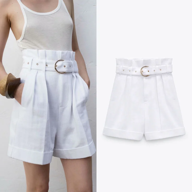 

2021 Summer White Paperbag Shorts Women Za Fashion Pleated High Waist Cuffed Hem Shorts Vintage Metal Buckle Belt Woman Shorts