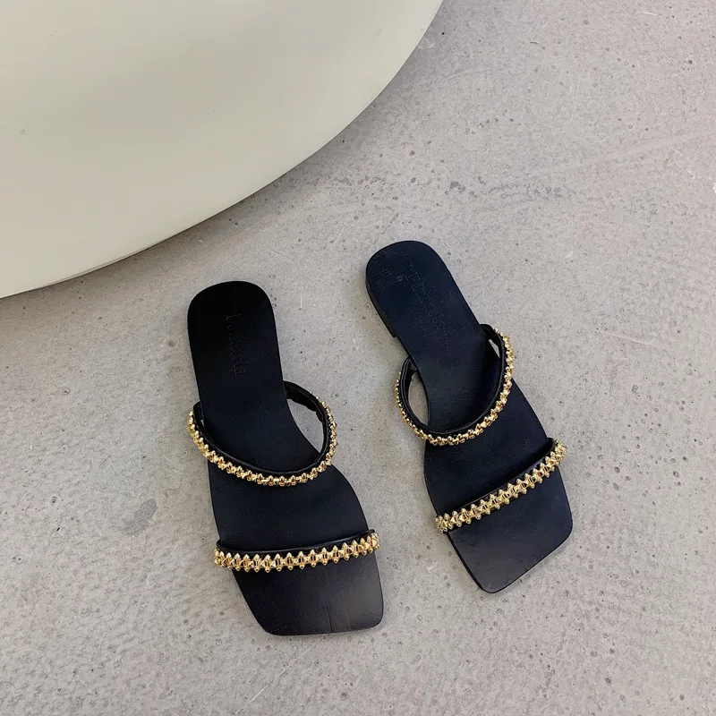 

Shoes Slippers Casual Low Slipers Women Slides Square Toe Rivet Luxury Flat 2021 Summer Rubber Fabric Fashion PU Metal Decoratio