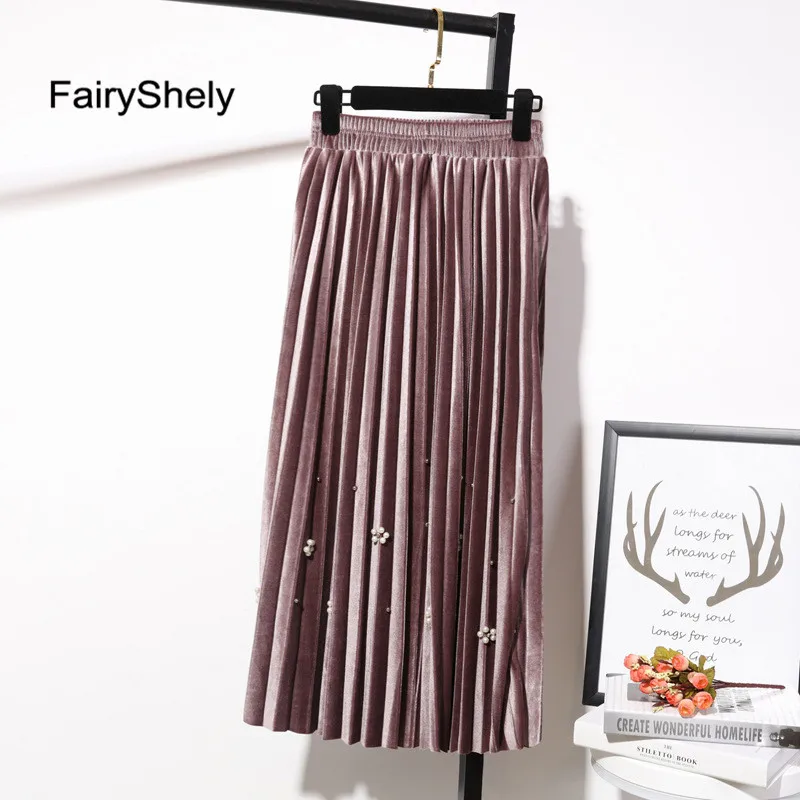 Хаки FairyShely, бархатная плиссированная длинная юбка для женщин, Осень-зима, эластичная лента, высокая талия, Теплая юбка, черная, макси, офисная юбка - Цвет: Хаки