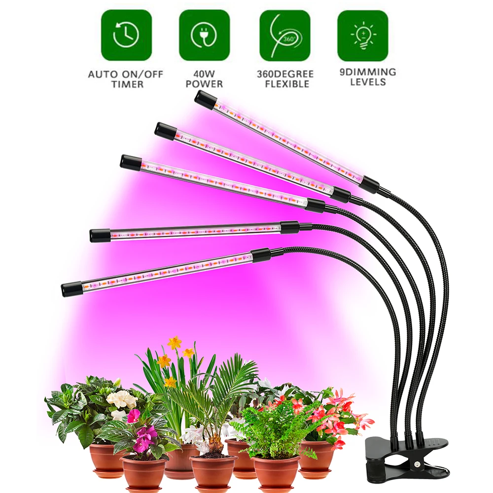 

Светодиодная фитолампа BORUiT полного спектра с 5 головками, лампа с USB-разъемом для выращивания растений в горшке, цветов, комнасветильник све...