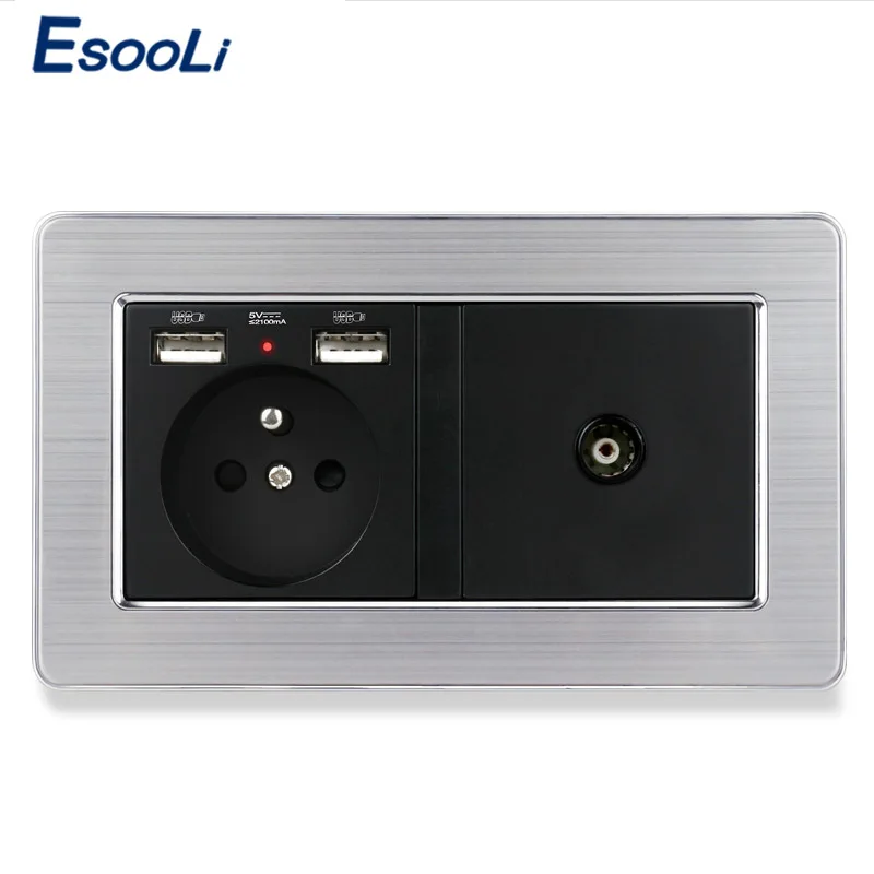 Электрическая розетка ESOOLI настенная двойная из нержавеющей стали 16 А с USB-портом