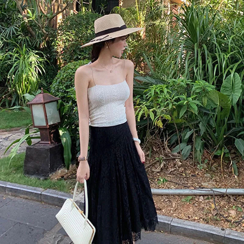 

Юбка женская кружевная трапециевидная на молнии с завышенной талией, Элегантная Повседневная Длинная пляжная одежда в Корейском стиле, чер...