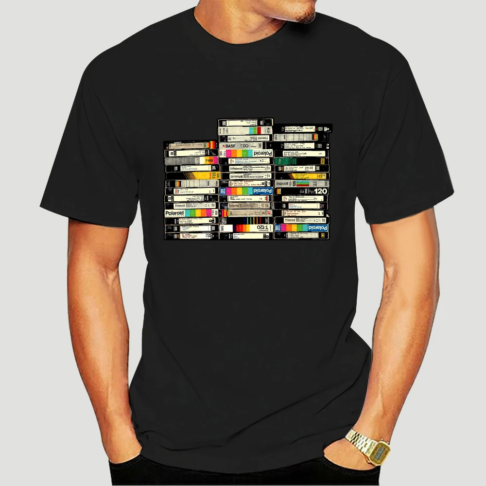 

Cheap Crew Neck Men'S Retro VHS Video Cassette Tape Stack 80's Party Costume Movie Geek Black T-Shirt Tops Tshirt Homme