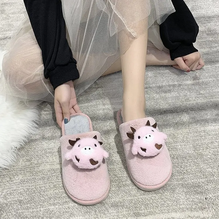 New Home Cute Cow Cotton Slippers Ladies Autumn and Winter Comfortable Slippers Furry Slippers Women Fashion Women's Shoes