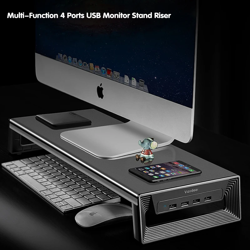 

Multi-Function Metal Monitor Stand Laptop PC Stand Computer Screen Riser Desktop Holder with 4 USB Port Holder