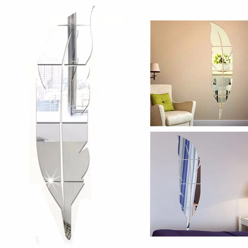 

Beautiful Feather Shape Wall Sticker 3D Mirror Surface Wall Decorative Stickers Removable For Living Room Porch 73*18cm