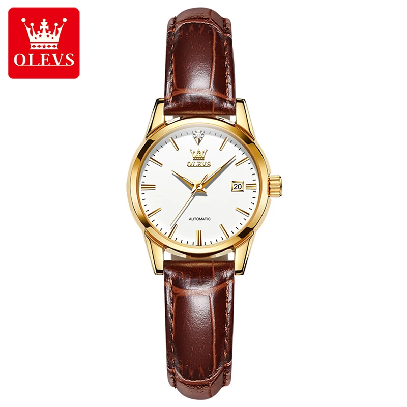 OLEVS Womens Automatic Mechanical Watch Top Brand Luxury Genuine Leather Strap 30M Waterproof Watch Women Simple Clock Calendar enlarge