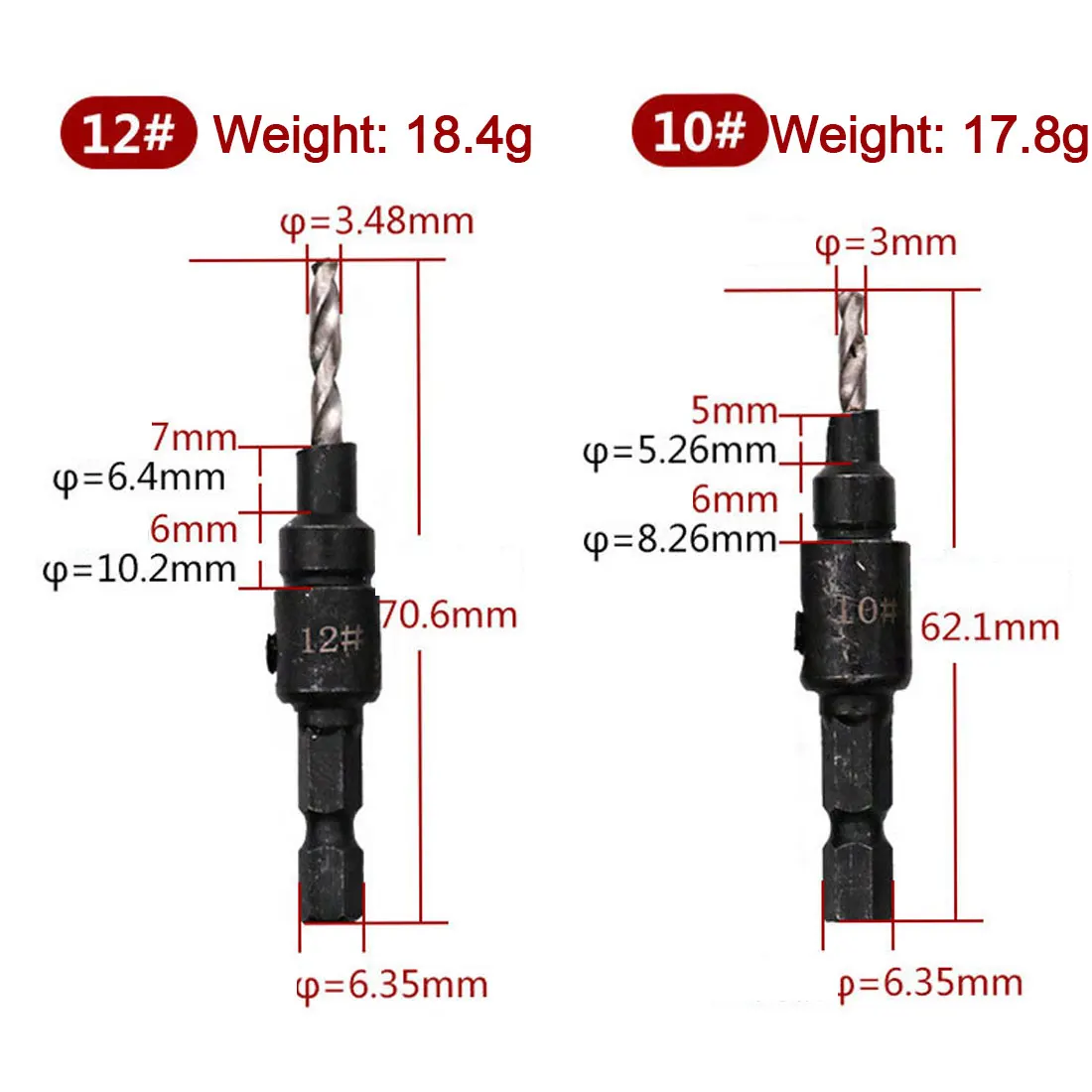 

Hole for screw size #5 #6 #8 #10 #12 With wrench 5 pcs countersunk drill woodworking drill bit kit drilling pilot