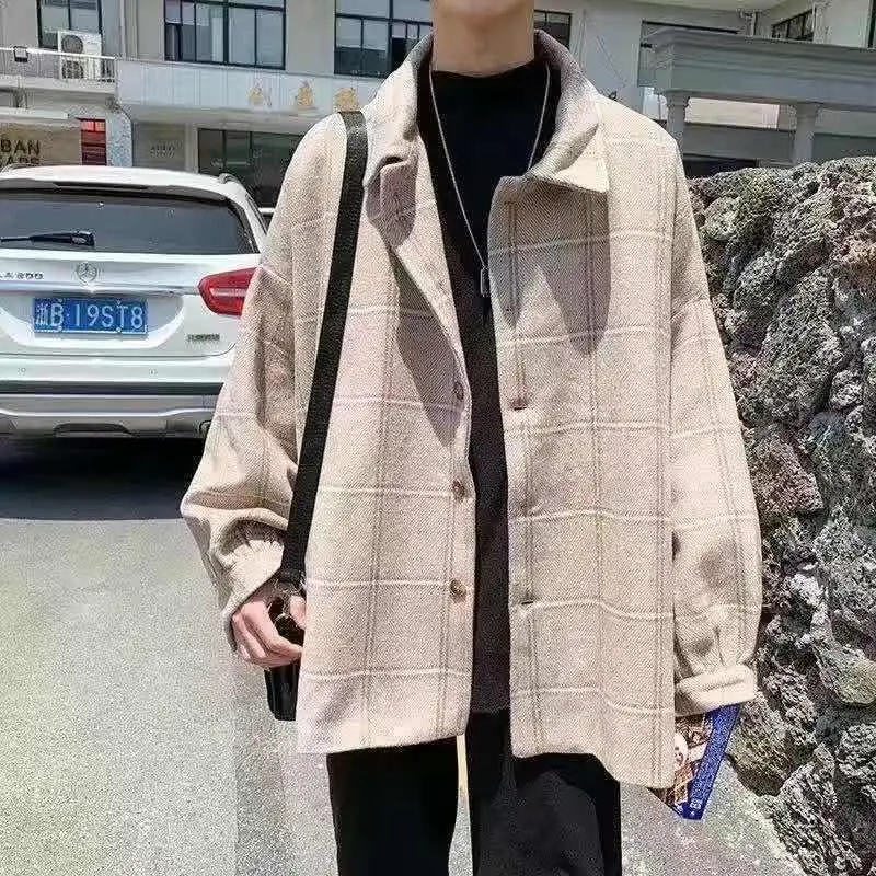 

Men Korean Style Overcoat Wool Plaid Men's Streetwear Windbreaker Harajuku Fashions Oversize Jackets Coats