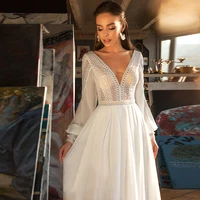 chiffon floor length wedding dress with puff sleeves a line double v neck backless bohemian civil bridal gown for woman vestidos