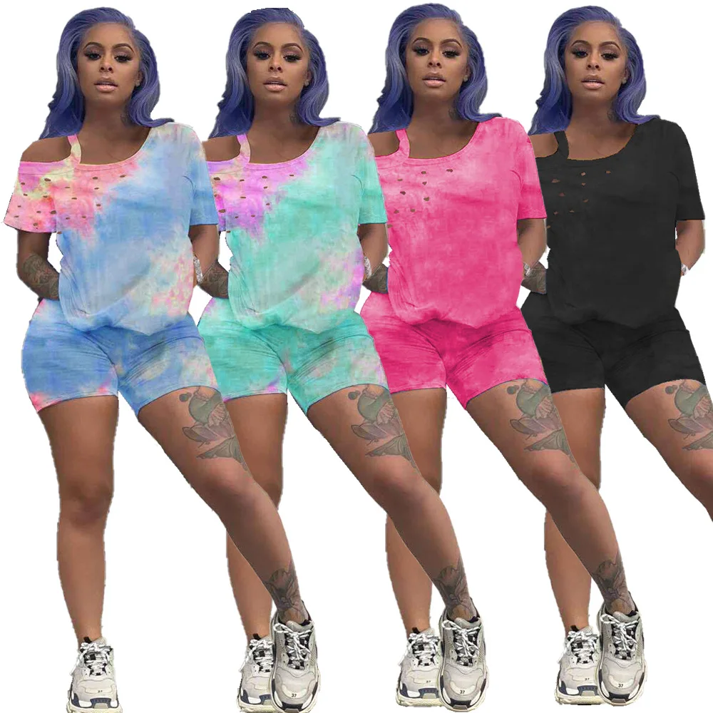 

Women Tie-Dye Print Two Piece Set Short Sleeve T-shirt Biker Shorts Jogger Pants Suit Fitness Sport Tracksuit Matching Outfits