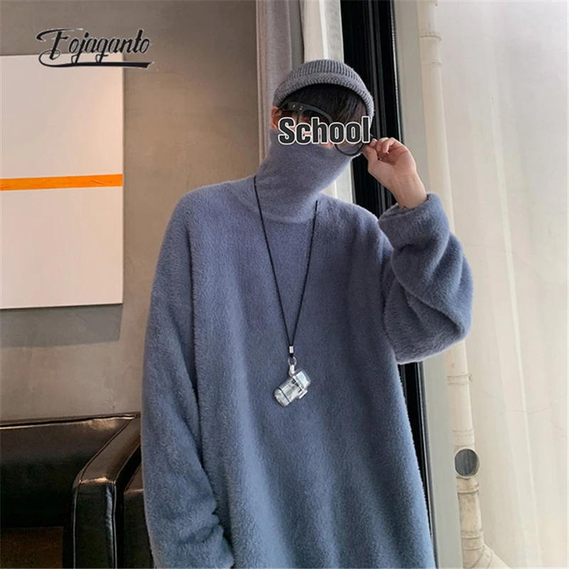 

FOJAGANTO Autumn Winter Men's Fashion Sweater Turtleneck Thick Solid Color Knitted Pullovers All-Match Soft Casual Sweaters Male