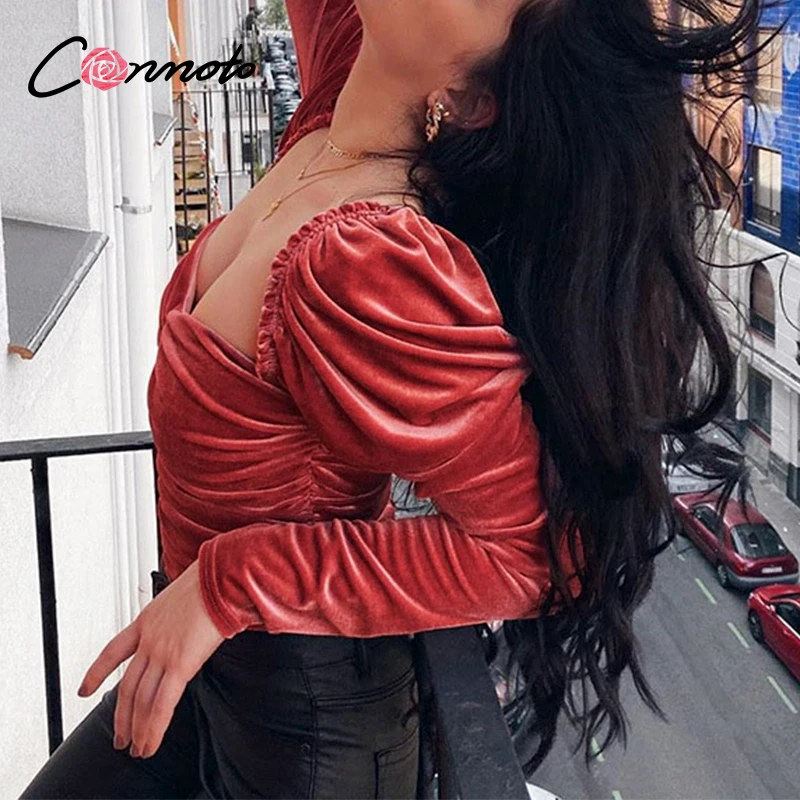 Conmoto бархатная красная винтажная блузка с рюшами рубашки для женщин короткая
