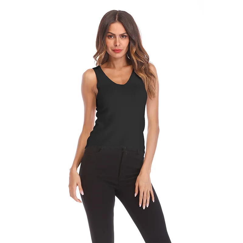 

5810# Spring Summer Sleeveless Solid Color Round Neck Knitted Wood Ear Edge Women's Vest Open Back Bottomed Shirt Top