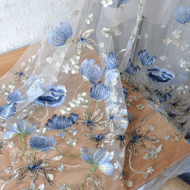

White And Blue Color Mesh Embroidery Lace Fabric Gold Thread Embroidery Mesh Fabric For Wedding Dress Veil Curtain Decoration