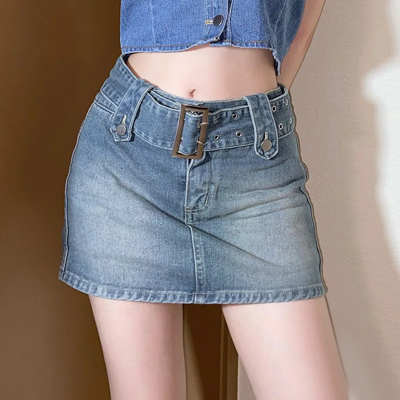 

Mandylandy Summer Short Women's Fashion Vintage Denim Solid Color Slim Skirt Mid Waist Tied Button Casual Mini Skirt with Belt