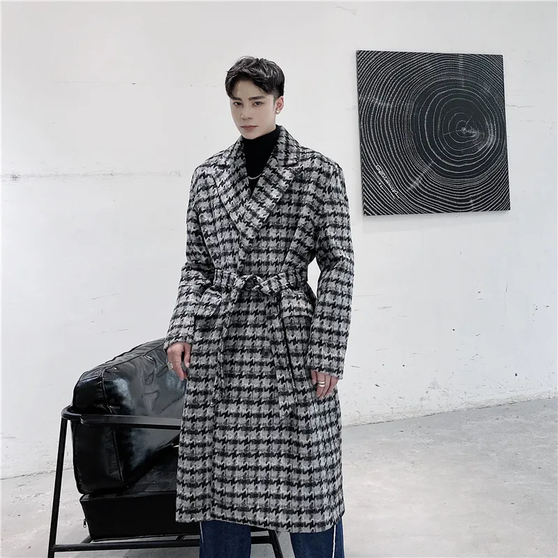

Мужская Уличная шерстяная ветровка, пальто для мужчин, винтажный двубортный пояс, клетчатый длинный шерстяной плащ, верхняя одежда