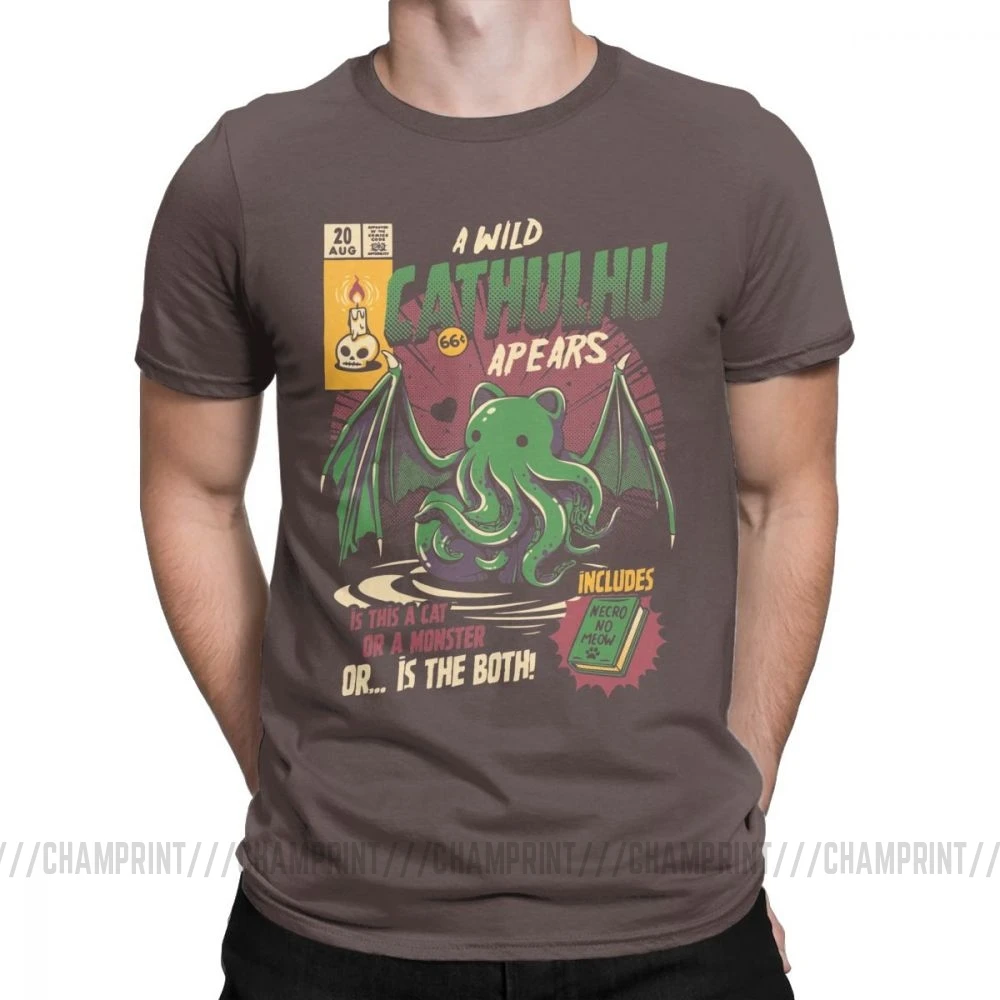 A Wild Cthulhu, футболки для мужчин, чистый хлопок, Повседневная футболка, кот, монстр, череп, Мультяшные топы, Милые Забавные футболки, Новое поступление - Цвет: Коричневый