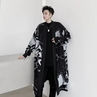 male harajuku streetwear long kimono coat windbreaker overcoat men vintage print loose cardigan trench coat outerwear