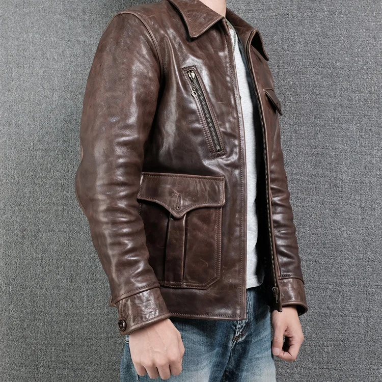 

YR!Free shipping.2021 Brown luxury batik horsehide jacket,newsboy leather clothes,Man quality Vintage genuine leather coat,