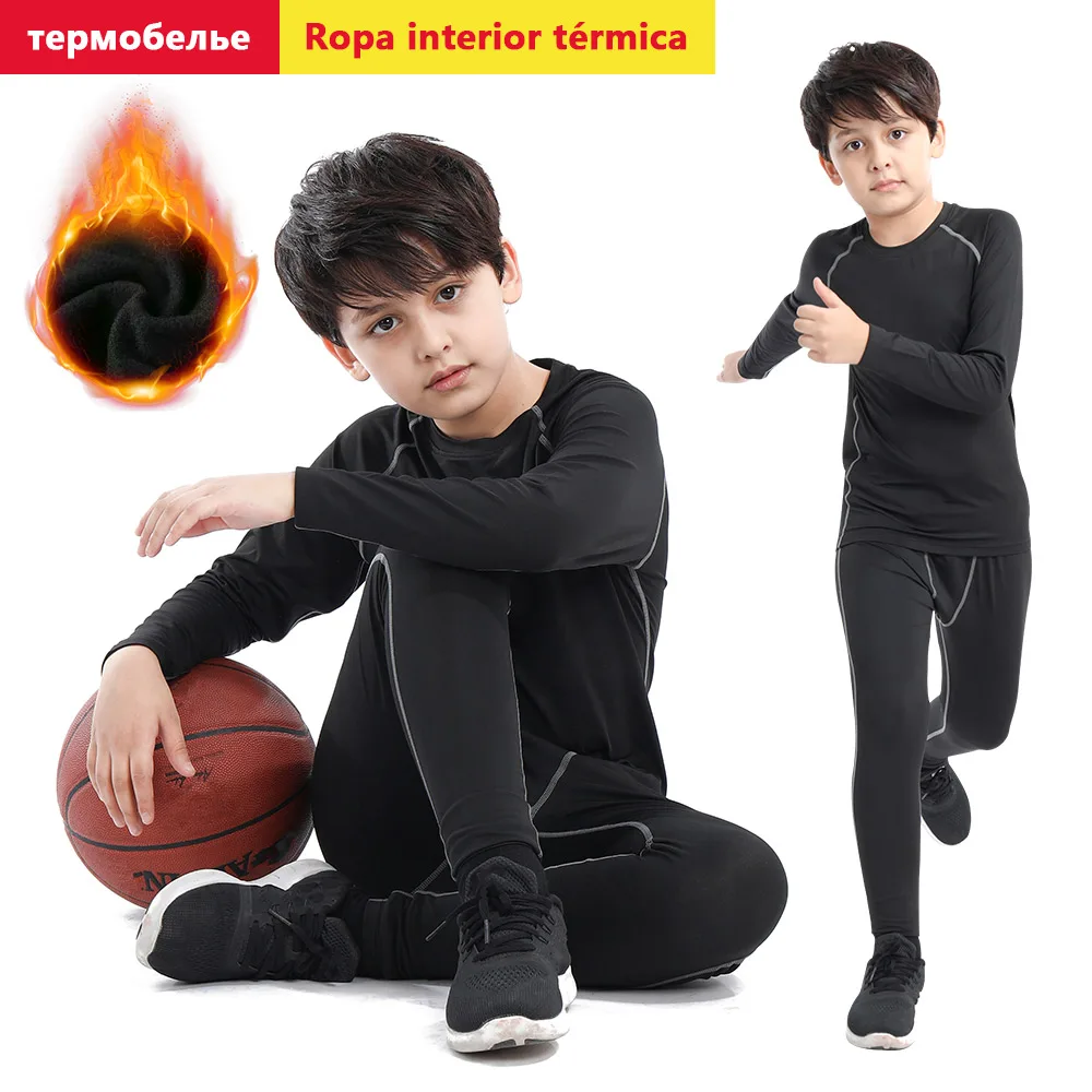 Polyester+Spandex Children's Sports Suits Outdoor Fitness Basketball Base Velvet Thermal Underwear Boy Running Training Suit