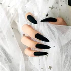 Сверхдлинные черные матовые накладные ногти, многоразовые однотонные ультратонкие модные овальные острые накладные ногти на шпильке с клеем, стикер