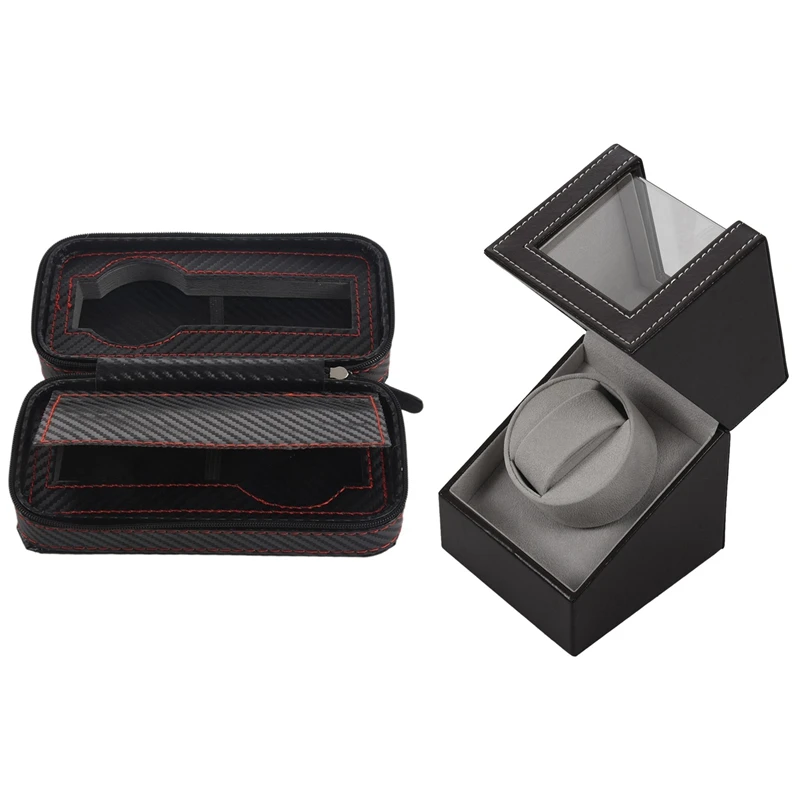 

1 Pcs 2 Slots Carbon Fibre Watch Box Bag Display Zipper Case & 1 Pcs Automatic Mechanical Watch Winder Box UK Plug