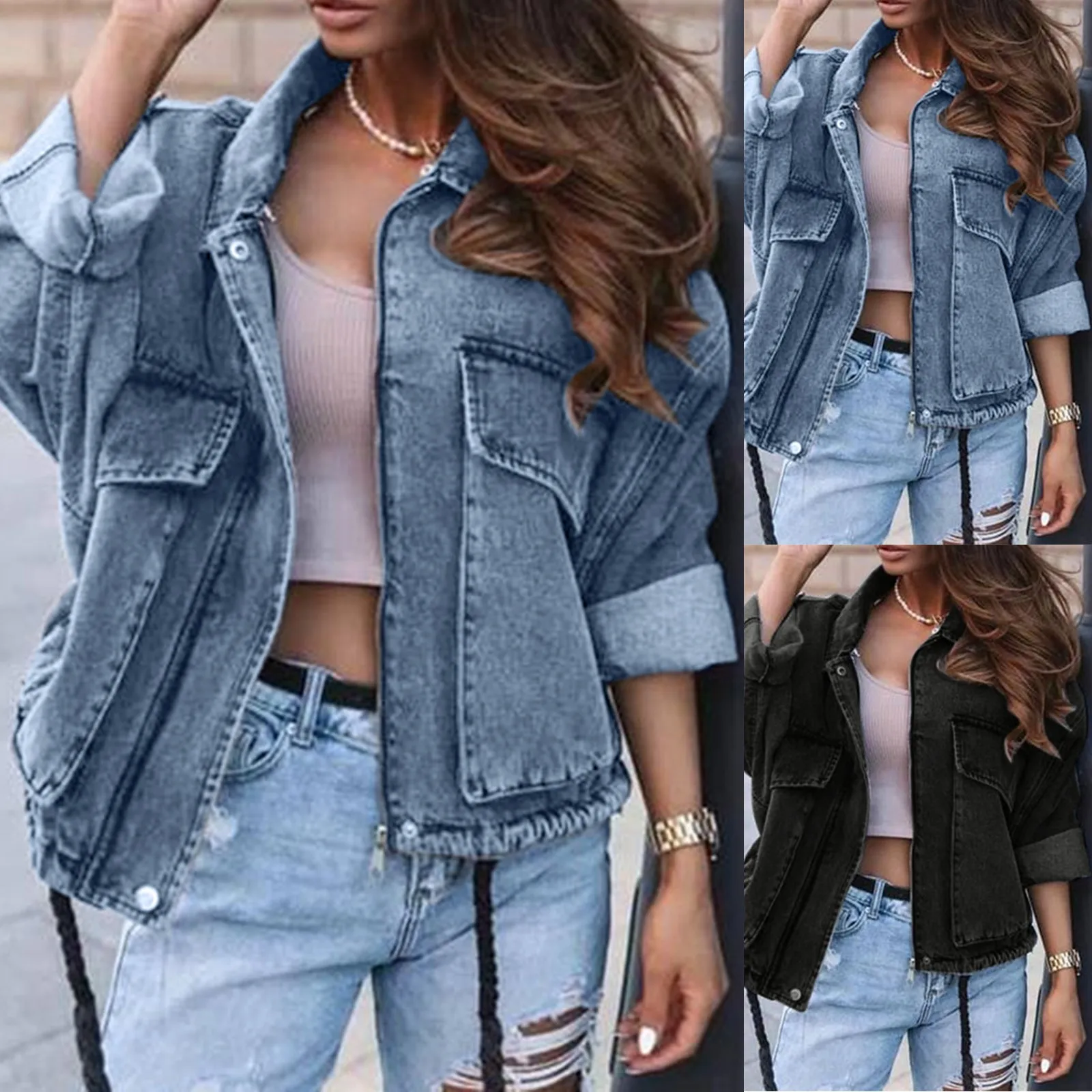 

Women's Warm Thickened Overcoat Classic Warm Winter Roll Up Long Sleeve Solid Color Lapel Denim Jacket with Pockets
