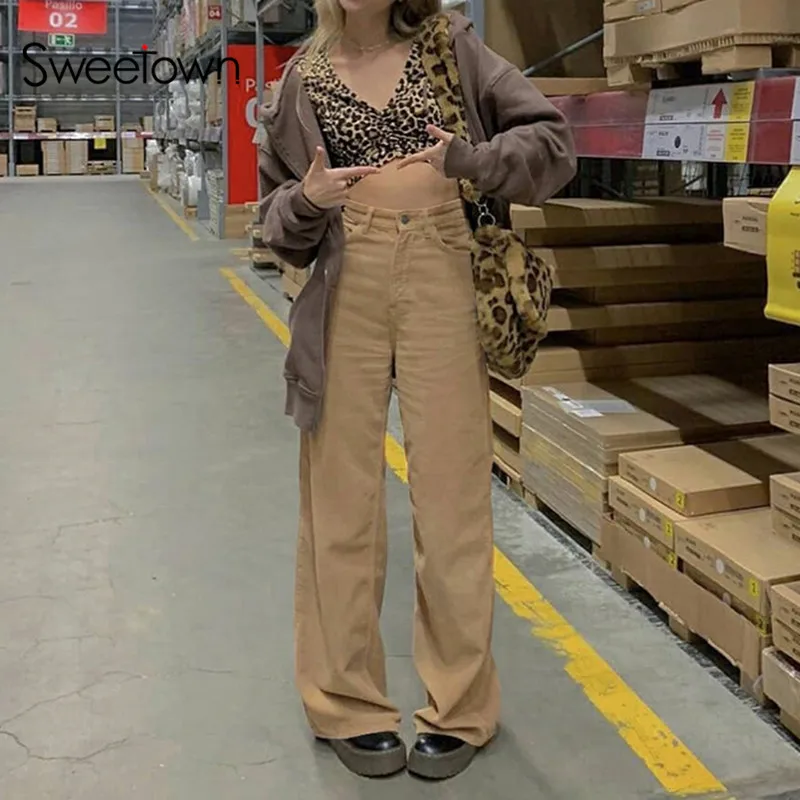 

Sweetown Corduroy New Baggy Joggers Women Vintage Wide Leg Pants Brown Low Waist Girl 90s Aesthetic Trousers Female Sweatpants