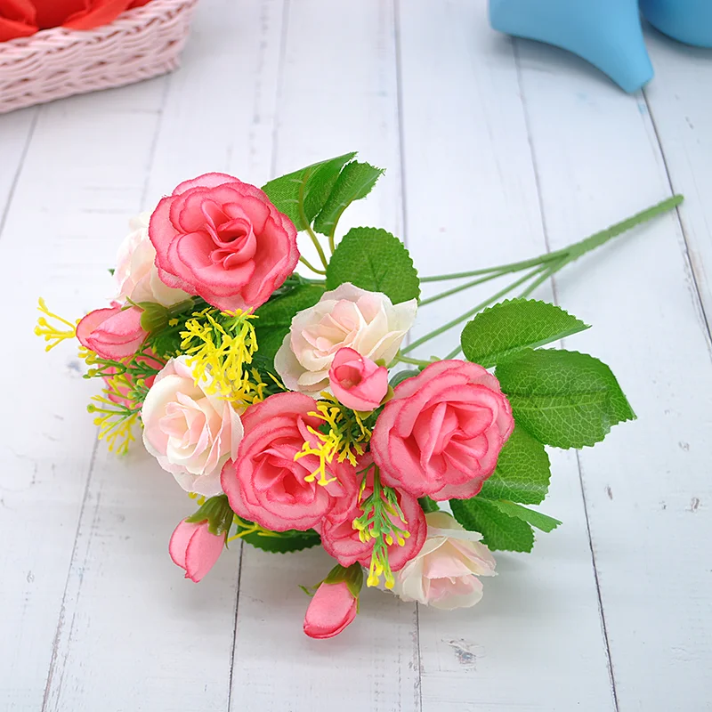 

30cm Rose Pink Silk Bouquet Artificial Flower 15 heads Fake Flower Decoration for Home Wedding Hotel Table window Decoration