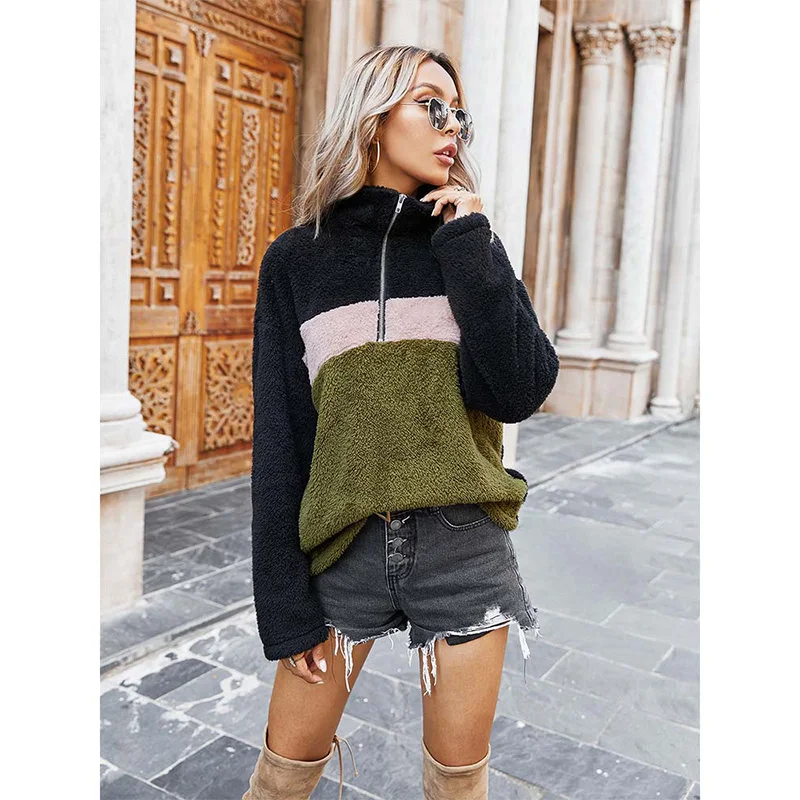 

Warm Plush Patchwork Autumn Winter Women Sweatshirt Turn Down Collar Zip Streetwear Female Pullovers W639
