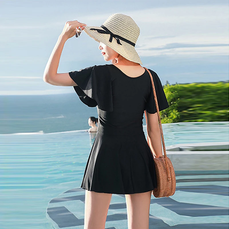 2019 купальник из двух частей юбка однотонный черный красный с подкладкой без