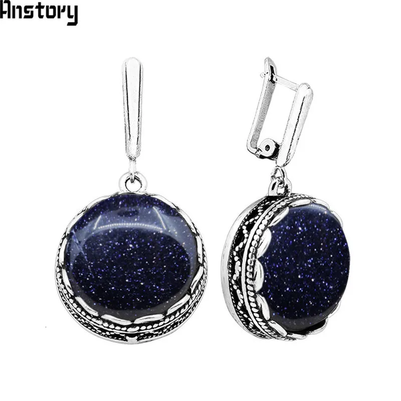 Anstory Round Dark Blue Shinning Spot Earrings For Women Antique Silver Plated Party Hollow Flower Pendant Fashion Jewelry TE352