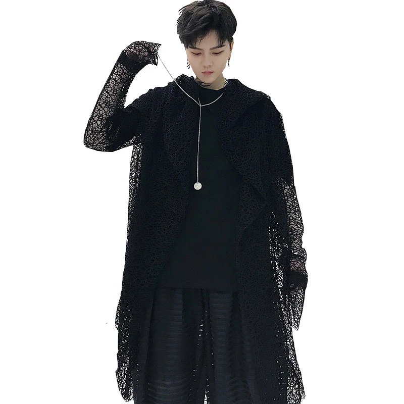 

Men Mesh Hollow Casual Hooded Trench Coat Male Streetwear Hip Hop Punk Gothic Long Cardigan Cloak Jacket Robe Summer Windbreaker