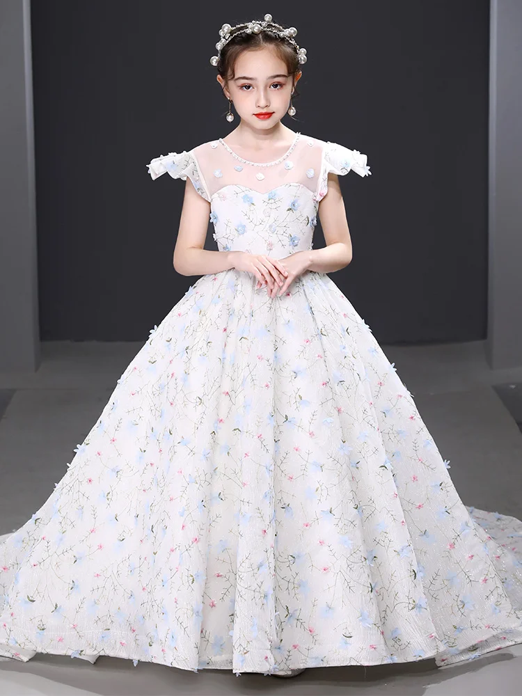 

Элегантный 3D с аппликациями для девочек в цветочек платье с украшением в виде кристаллов на шее и длинным шлейфом; Robe сказочное платье для О...