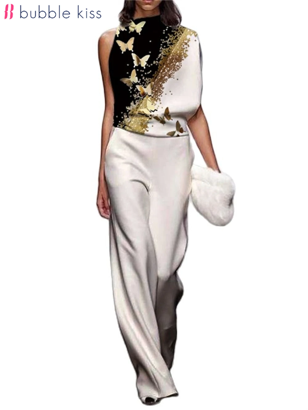 BubbleKiss Summer Fashion Women Jumpsuit Human Head Abstract Print Wide Leg Pants Elegant Office Lady Female Jumpsuit