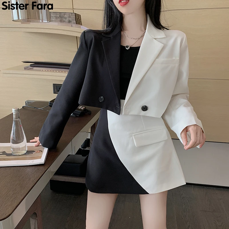 Sister Fara New Spring 2021 Single Breasted Short Blazers Woman+High Waist A-LINE Mini Skirt Office Lady Patchwork 2 Pieces Set