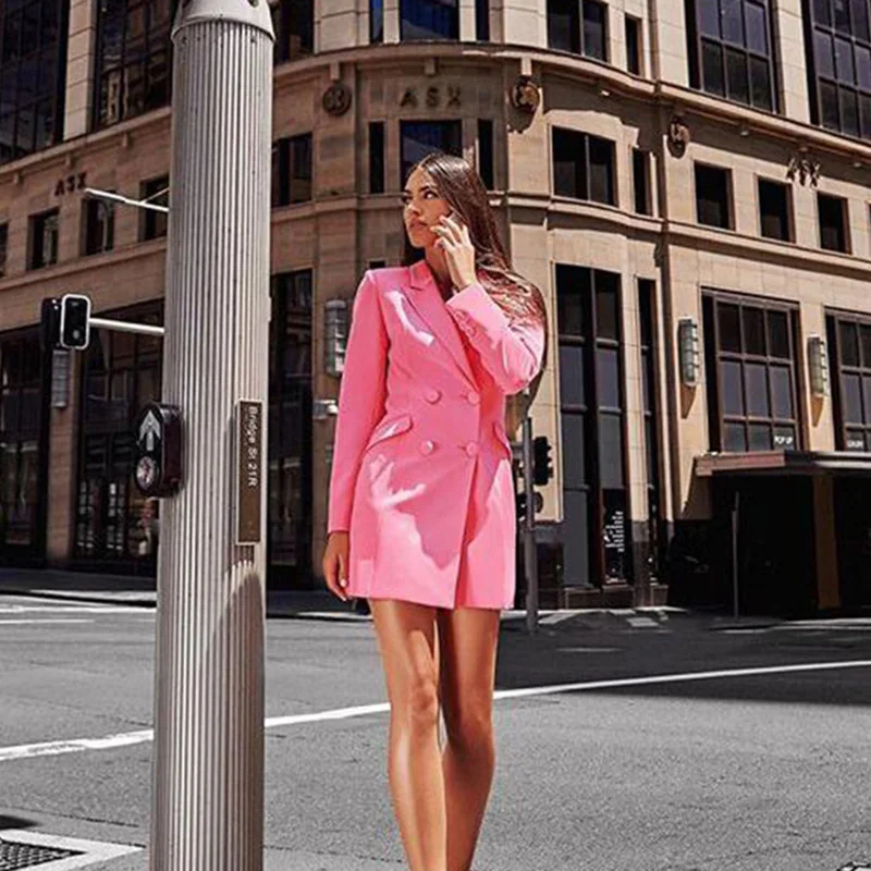 Chicology double breasted elegant office lady blazer dress long sleeve American jacket suit summer autumn women clothing - Цвет: Розовый