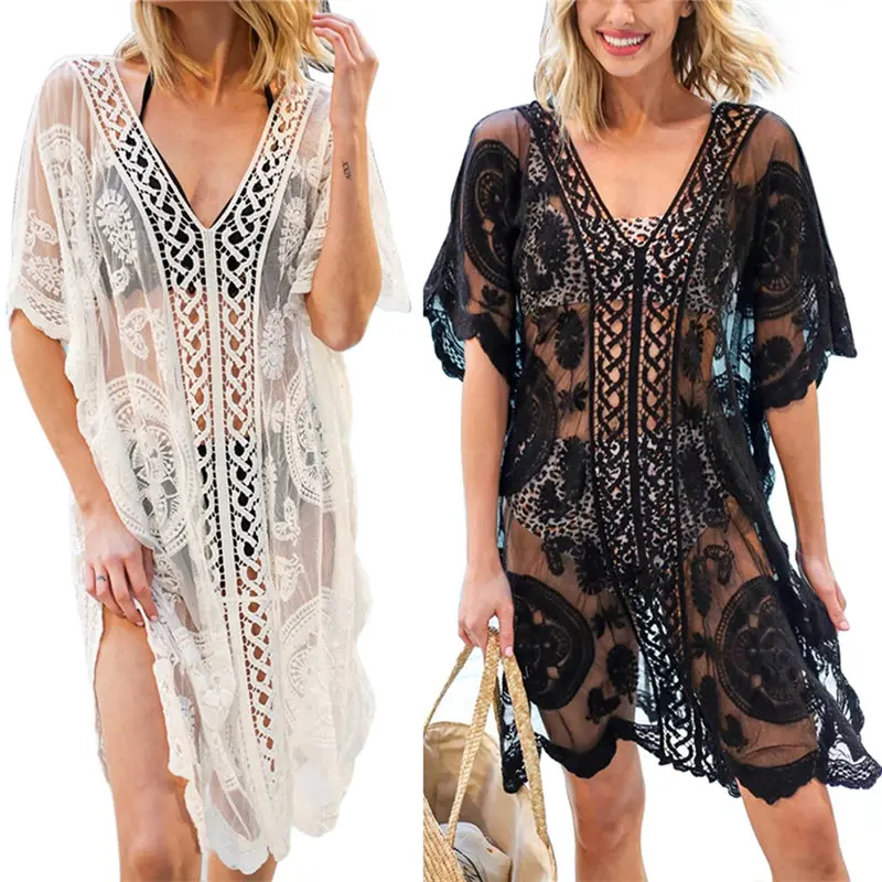 

Women's Summer Short Sleeve Bathing Suit Ladies Lace Crochet Bikini Swimwear Cover Up Beach Dress Solid Color 2020 new
