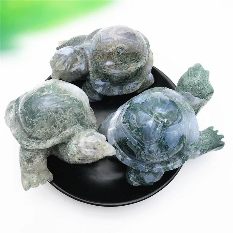 1PC Natural Moss Agate Tortoise Turtle Handmade Carved Animals Healing Stone Home Decor Gifts Natural Stones and Crystals
