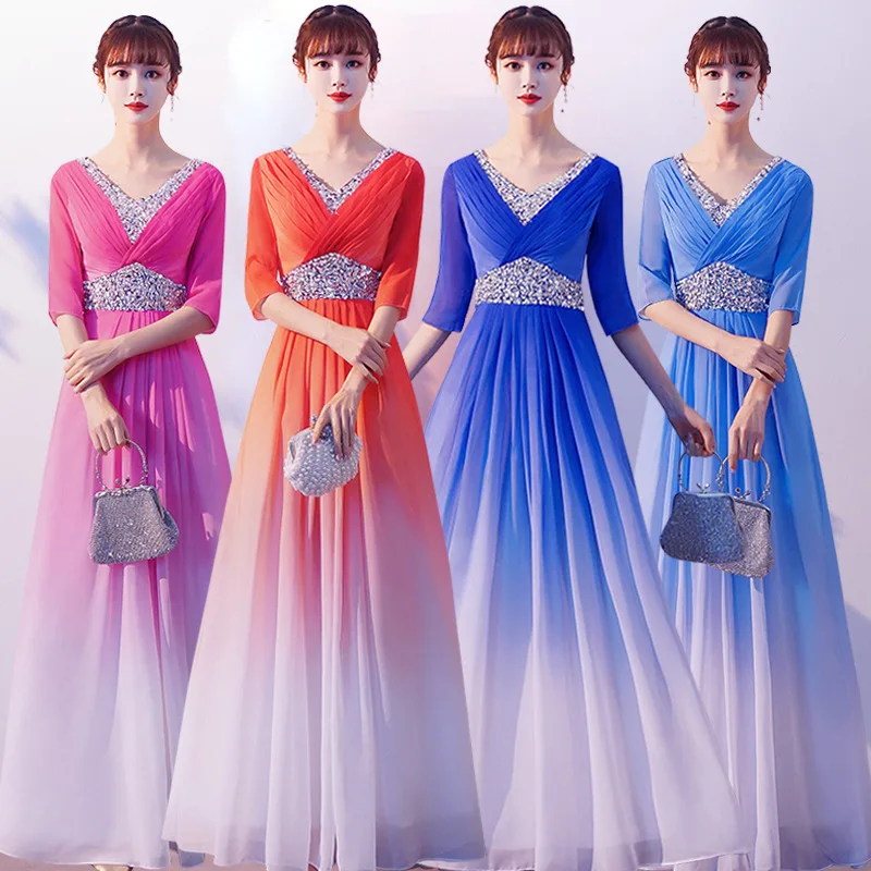 

Женское шифоновое платье с блестками, сексуальное платье с полурукавами и градиентом, вечернее платье в стиле хора, платье Чонсам на молнии ...