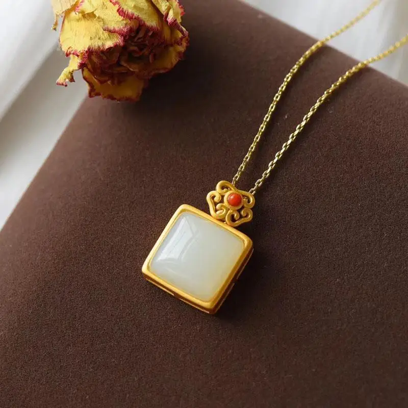 

Natural Hetian White Jade Lucky Pendant Pendant Female Embellished South Red Oral S925 Sterling Silver Inlaid Ancient Gilding