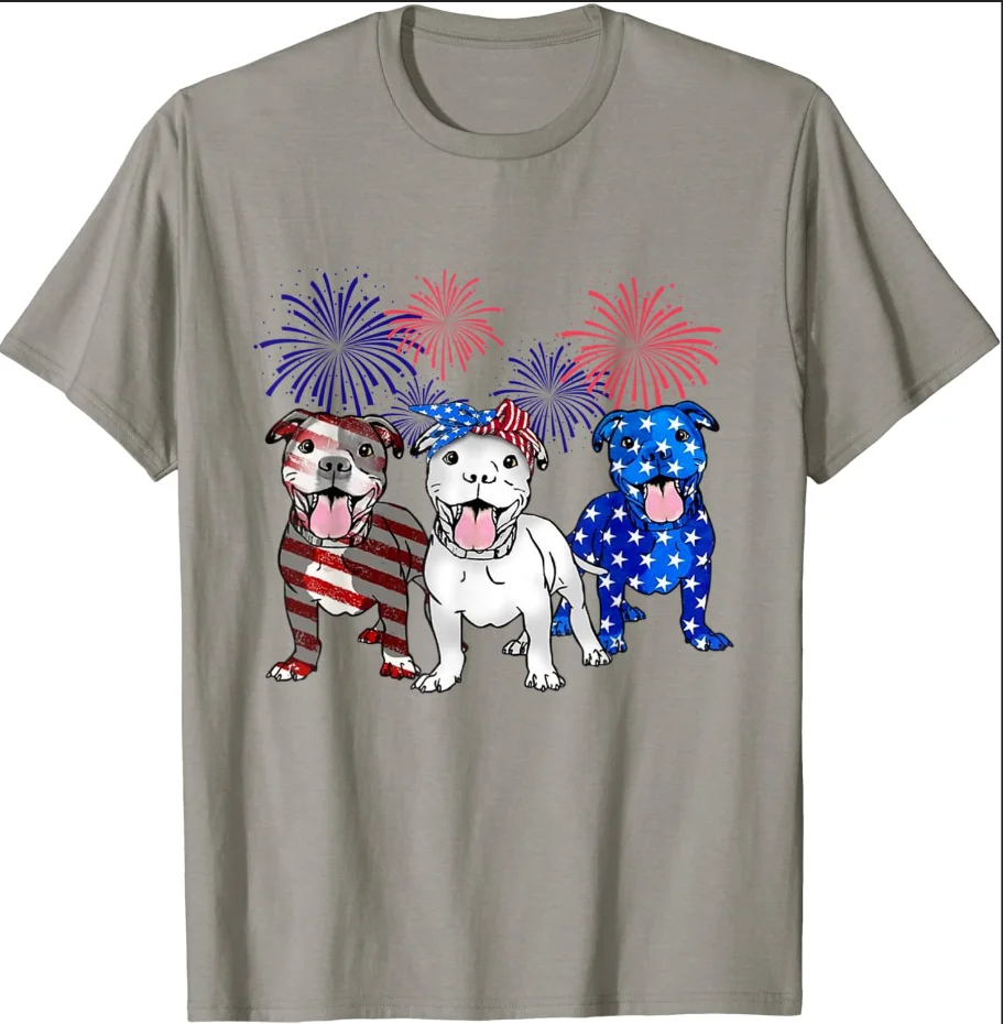 

American Pitbull Dog Firework 4th Of July USA Flag Patriotic T-Shirt Dog Gift